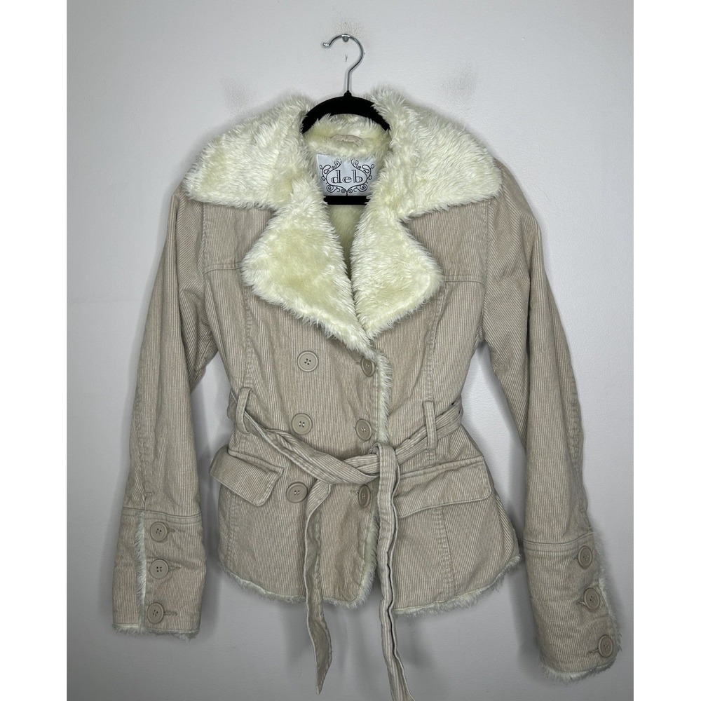 Deb Vintage 90s Y2K Tan Corduroy Tie Front Jacket Cream Faux Fur Trim Size Med
